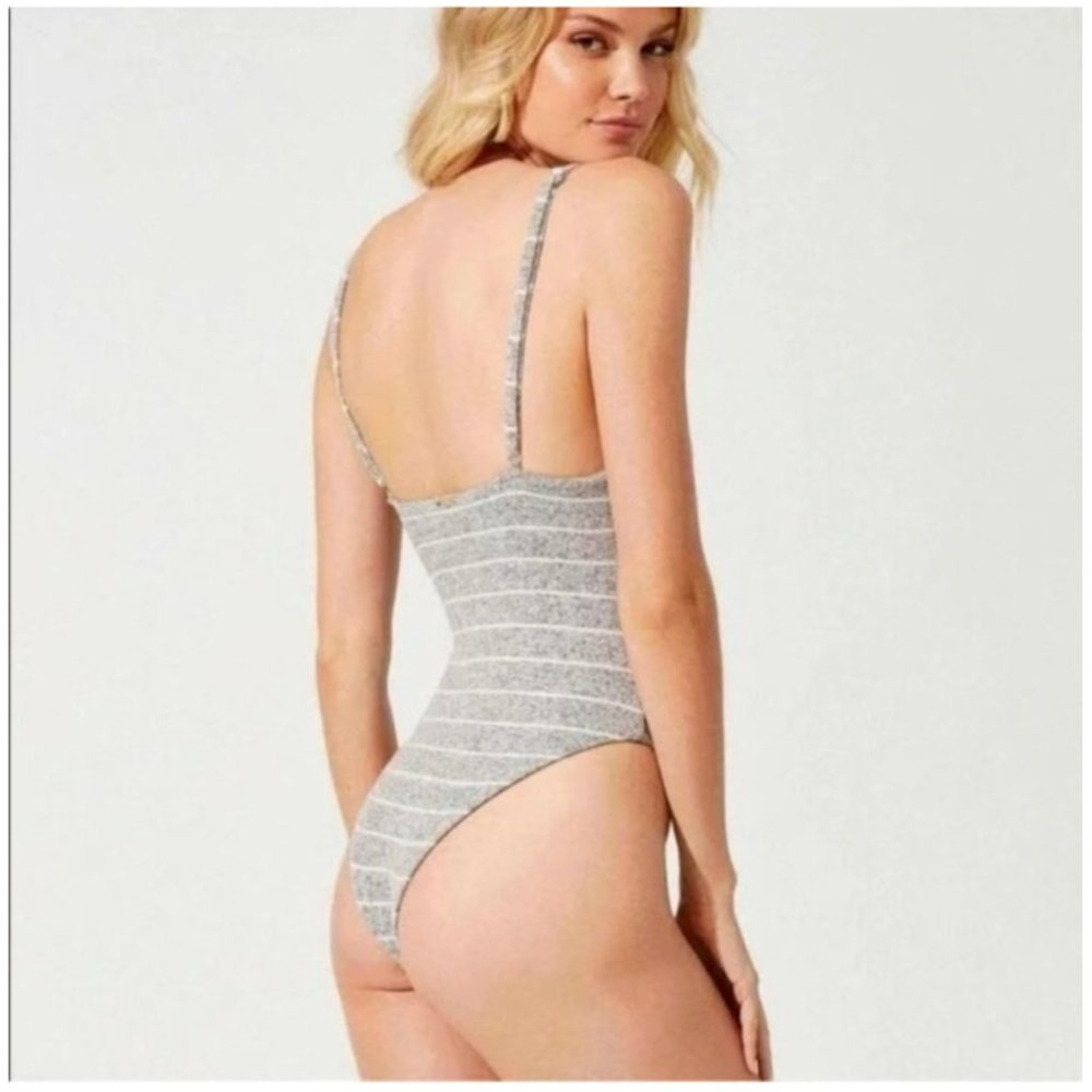 BEACH BUNNY Swimwear Peyton Bodysuit‎ Grey Cheeky Bow Keyhole, S NWT - Picture 3 of 12